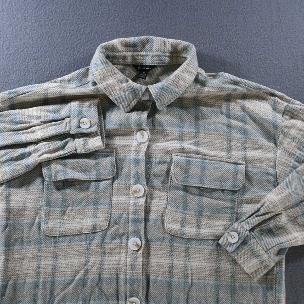 Versona Womens Plaid Button Down Flannel Shacket Top Size S Blue Tan RN37080